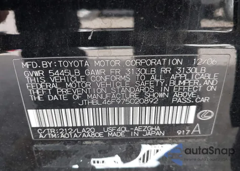 2007 Lexus Ls 460 z USA, uszkodzony, nr VIN JTHBL46F975020892